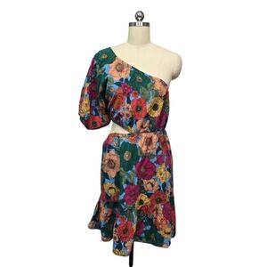 Du Paradis One Shoulder Midi‎ Dress Floral Print Cutout Ruffle Size Large